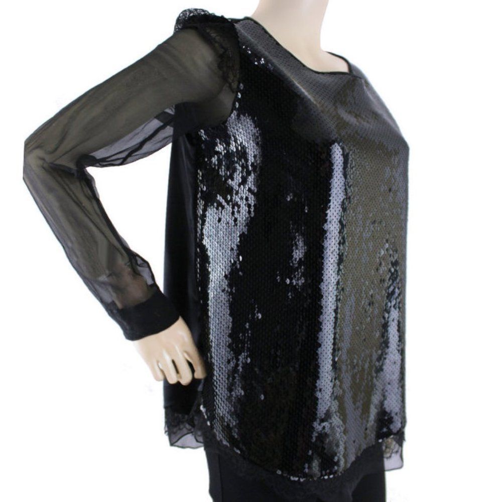 NWT ALBERTA FERRETI Black Silk Sequin Blouse w/Sheer Sleeves
